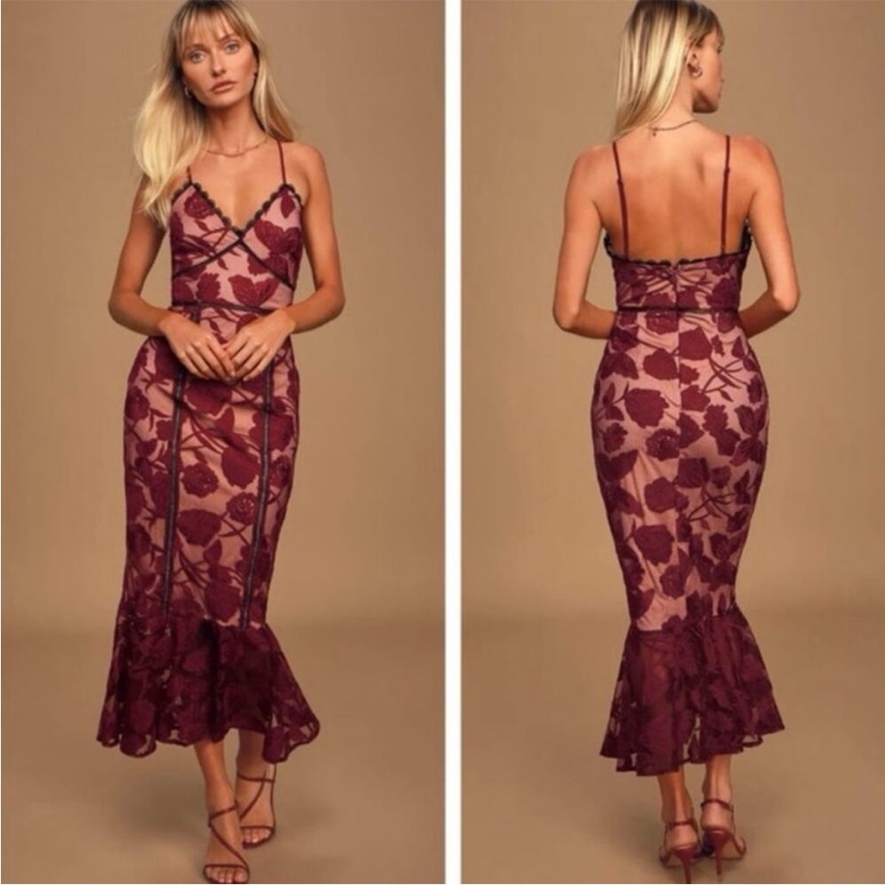 lulu’s Elegant Burgundy Lace Midi Dress
